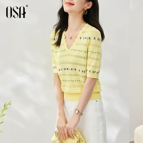 OSA欧莎黄色V领短袖冰丝针织衫镂空提花短款上衣女夏季2023年新款商品大图