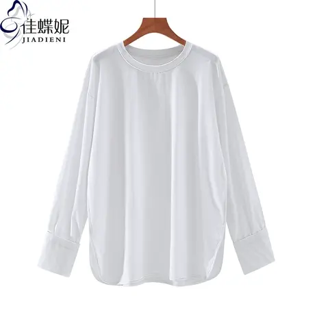 秋冬新款韩版圆领宽松中长款下摆圆弧纯棉纯色长袖上衣体恤女装商品大图