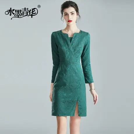 水墨青华冬装新品气质OL优雅复古修身典雅提花收腰连衣裙商品大图