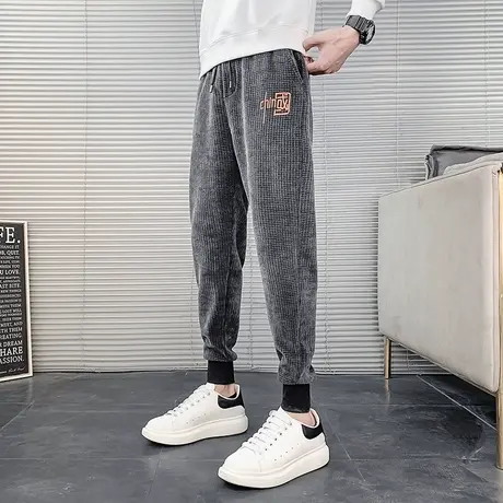 秋冬男刺绣休闲裤小脚裤裤子加绒修潮牌潮流加厚弹力华夫格束腿裤商品大图