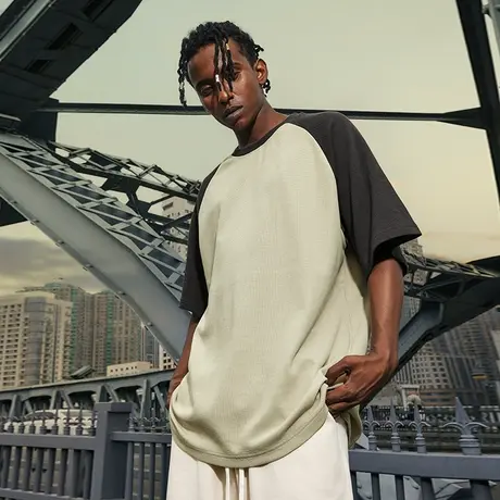 Nuthink拼接撞色260g重磅插肩华夫格短袖基础款t恤男潮牌宽松半袖商品大图