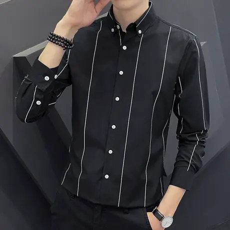 条纹长袖衬衫2023春秋季新款潮牌男士宽松休闲衬衣外套青年上衣服商品大图