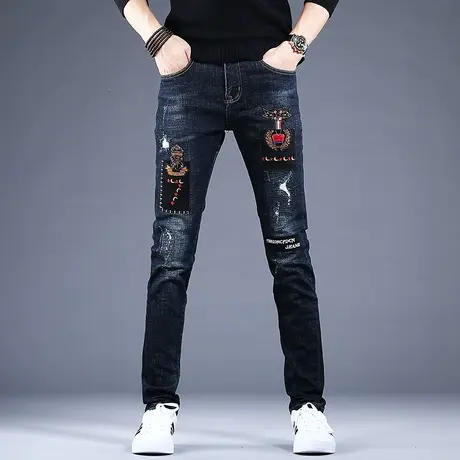男士刺绣破洞牛仔裤男秋冬男款2023新款休闲裤子修身小脚高端潮牌商品大图