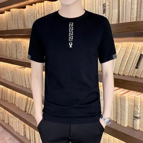 2023秋季新款短袖毛衣男士薄款圆领针织衫潮流纯色半袖打底衫线衣图片