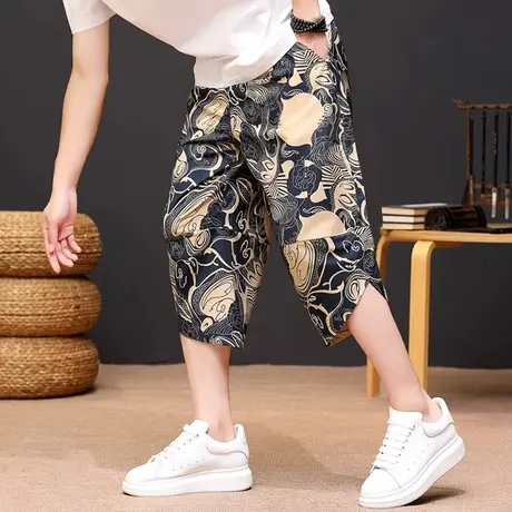 七分裤男士夏季短裤外穿薄款中国风潮牌哈伦裤宽松休闲八分马裤子商品大图