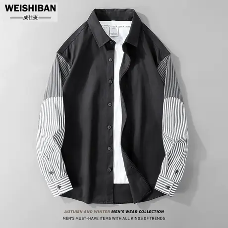 春季美式休闲拼接撞色长袖衬衣男士休闲纯棉小众设计衬衫式外套潮图片