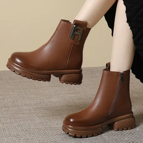 2023加绒大码女靴41一43冬季新款羊皮短靴女真皮软皮厚底保暖靴子商品大图