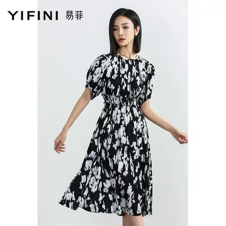 Yifini/易菲黑白印花圆领高腰显瘦短袖中长款连衣裙女夏季新款图片