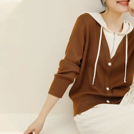 韩潮袭人设计感连帽假两件针织衫女2023秋季新款休闲百搭套头毛衣图片