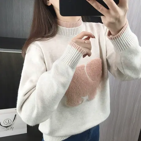 半高领毛衣女秋冬季2023新款加厚打底衫卡通假两件套头针织衫上衣图片