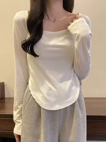 春秋装纯欲u领长袖t恤女冬季辣妹不规则短款修身内搭打底衫上衣服商品大图