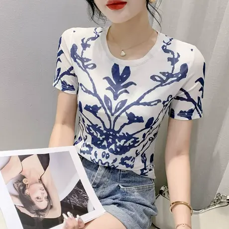 2024夏季新款时尚漂亮印花T恤女短袖洋气网纱小衫修身显瘦上衣潮图片