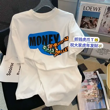白色老虎短袖t恤女2023年夏季新款设计感小众ins宽松百搭纯棉上衣商品大图