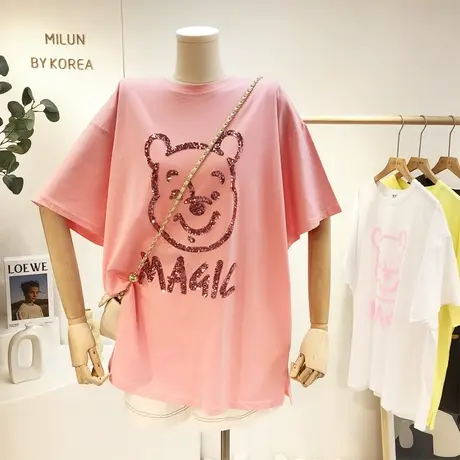 ins超火小熊短袖2021新款夏季韩国东大门重工亮片T恤欧货宽松大版商品大图