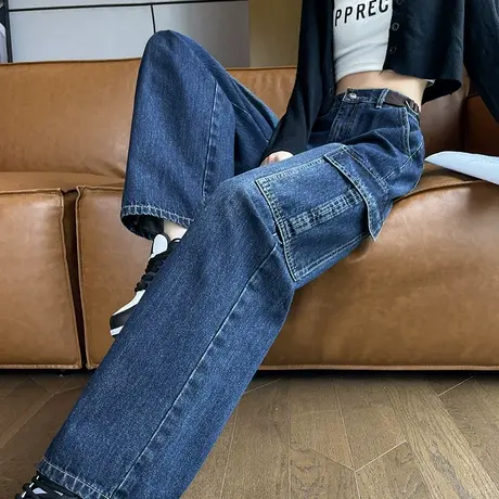 美式蓝色牛仔工装裤女2023春秋新款高腰直筒宽松显瘦阔腿运动裤子商品大图