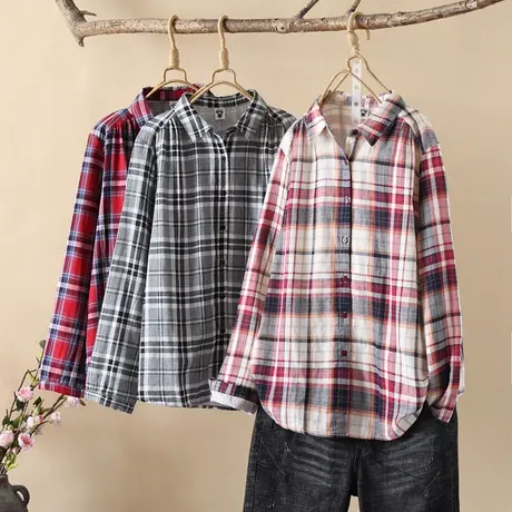 春秋新款简约文艺百搭纯棉柔软女士衬衣双层棉纱宽松打底格子衬衫商品大图