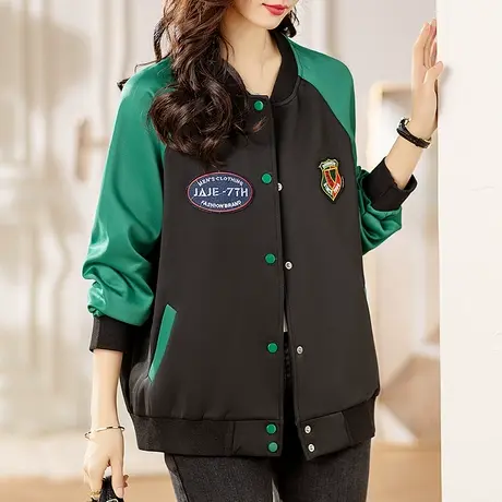 休闲外套女春秋新款大码女装上衣宽松洋气撞色拼接百搭夹克棒球服商品大图