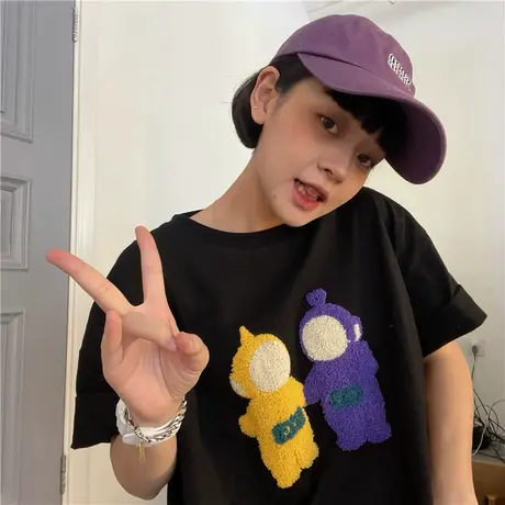 红续天线宝宝毛绒刺绣短袖T恤女2023新款小众设计感宽松纯棉上衣图片