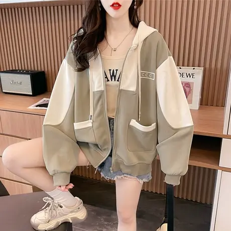 重工撞色早秋装外套女春秋季韩版宽松大码初秋薄款小个子开衫卫衣商品大图