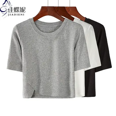 夏季新款圆领修身短款纯欲不规则纯棉纯色短袖体恤上衣内搭女打底商品大图