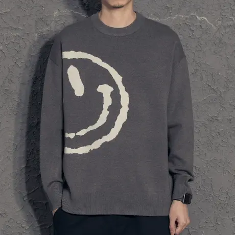 2021冬季笑脸提花毛衣男圆领韩版潮流个性套头针织衫男士秋装上衣商品大图