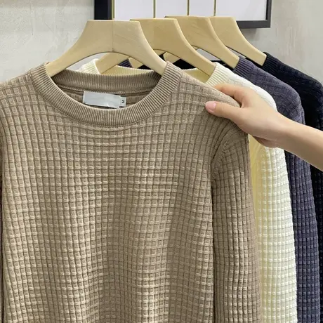 肌理华夫格纹极简风男士重磅厚实毛衣秋冬加厚圆领宽松打底针织衫商品大图