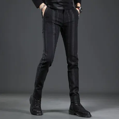 高级黑色休闲裤男秋冬季2022新款个性条纹修身小脚厚款休闲裤子男商品大图