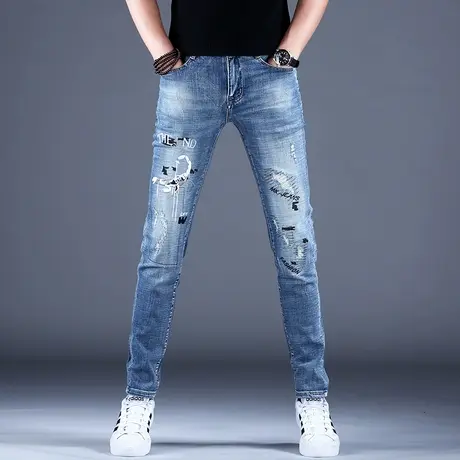 2022新款男士刺绣印花牛仔裤男修身小脚高端潮牌弹力男款休闲裤子图片