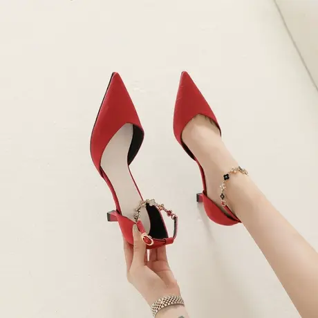 红色高跟鞋女细跟2024年春季新款气质百搭一字带水钻尖头浅口单鞋图片