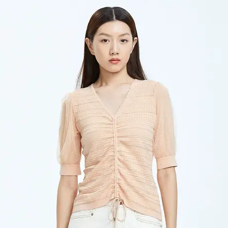 朗姿夏季薄款泡泡袖法式V领女式针织T恤新款针织衫奥莱商品大图