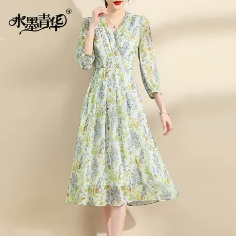 【1件7.9折】春季新款百搭显瘦印花裙时尚中长款雪纺连衣裙女商品大图