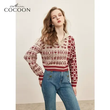 missCOCOON短款Polo领上衣2023冬季新女复古撞色多元图案毛针织衫商品大图