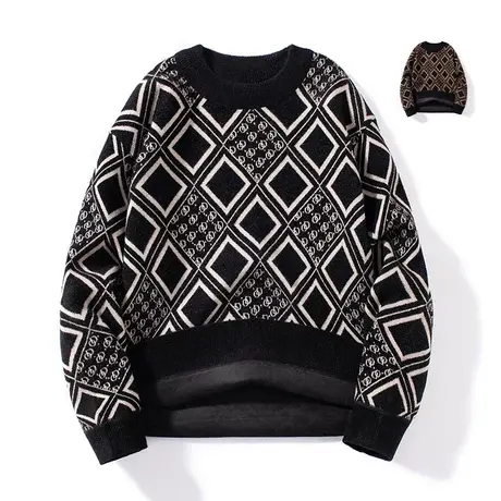 男秋冬保暖毛衣内搭格子圆领卫衣加绒长袖打底衫休闲宽松男士线衣商品大图