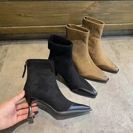 高跟短靴女2023新款冬季加绒后拉链短筒靴绒面尖头细跟弹力瘦瘦靴图片