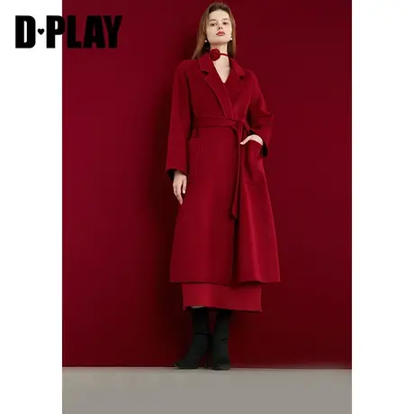 DPLAY冬轻奢名媛气质红色战袍西装浴袍风拱针羊毛双面呢大衣图片