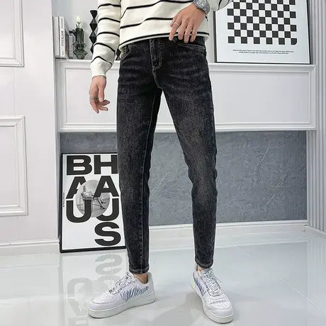 冬季时尚休闲纯色牛仔裤潮牌潮流ins痞帅学生青少年高中生小脚裤商品大图