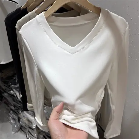 秋冬季磨毛德绒保暖打底衫女韩版修身V领长袖T恤加绒加厚短款上衣商品大图
