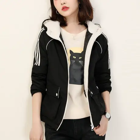 新品8.5折】黑色连帽工装棉衣棉服女夹棉外套冲锋衣棉袄商品大图