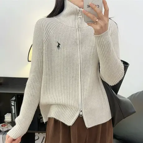加厚毛衣打底衫女秋冬时尚刺绣慵懒休闲双拉链立领针织衫开衫上衣图片
