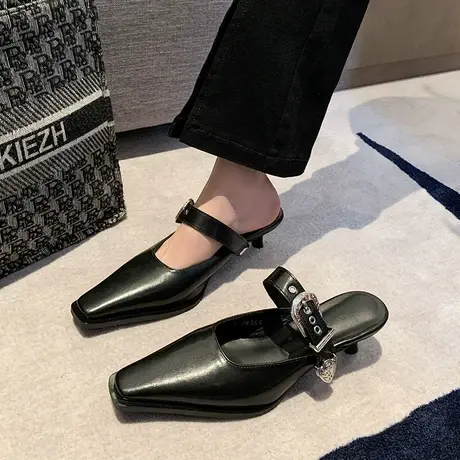 包头半拖女2024春季新款细跟小众设计感高跟鞋黑色爆款网红穆勒鞋商品大图