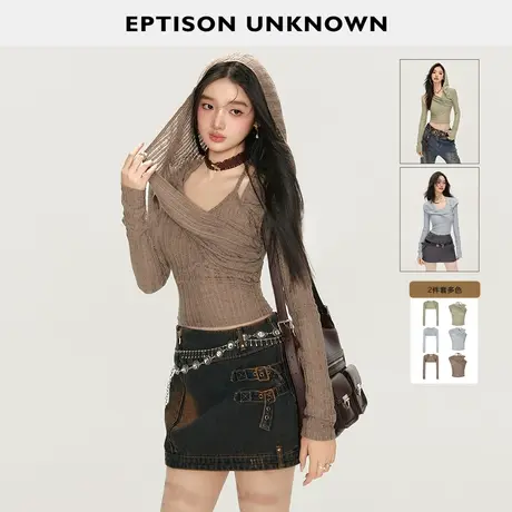 EPTISON针织衫女2024年春季新款复古连帽独特小个子修身辣妹上衣图片