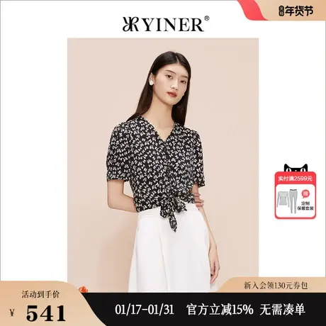 YINER音儿线上专选女装2023夏季时尚短袖V领飘带衬衫上衣商品大图