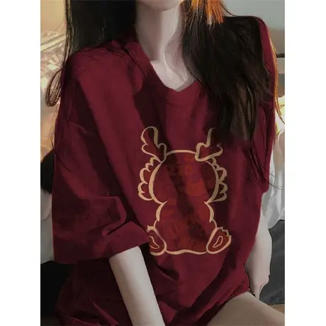 龙年纯棉短袖打底衫oversize大码喜庆慵懒风酒红上衣ins春夏T恤女商品大图