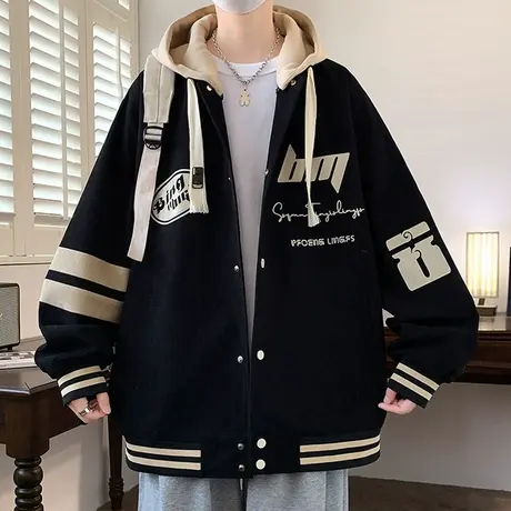 可拆卸连帽棒球服男春秋季美式休闲夹克男青少年潮牌帅气宽松外套商品大图