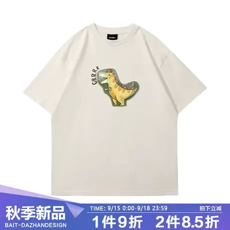 t恤男士短袖潮牌国潮呐喊小恐龙夏季潮男休闲米色圆领学生体恤夏商品大图