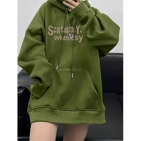 连帽军绿色卫衣女秋冬加绒小个子宽松慵懒风美式复古高级感外套潮商品大图
