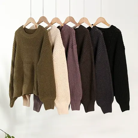 享永子【隐匿腰腹赘肉】软糯百搭全棉圆领毛衣慵懒宽松螺纹上衣女图片