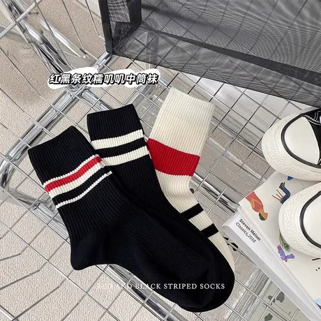 袜子女2023秋冬新款红黑条纹中筒袜时尚保暖小众风加厚长筒堆堆袜商品大图