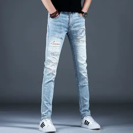 欧洲站男士春秋时尚烫钻牛仔裤男款修身小脚裤子2024新款美式高街图片