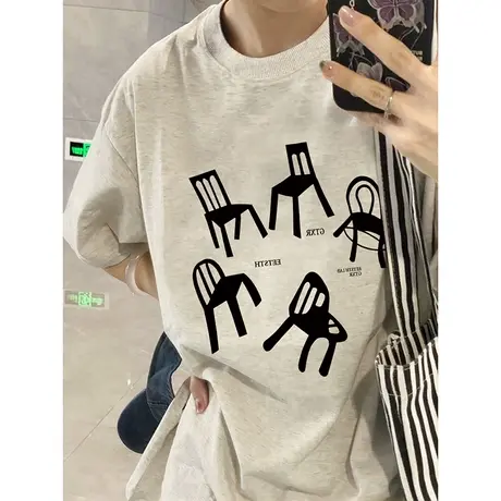 大码灰色T恤女美式复古chic半袖设计感小众纯棉上衣潮ins夏季短袖商品大图